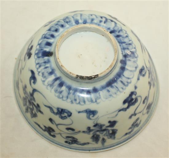 A Chinese Longquan celadon dish and a Ming dynasty lotus bowl, 15th / 16th century, diam. 15cm